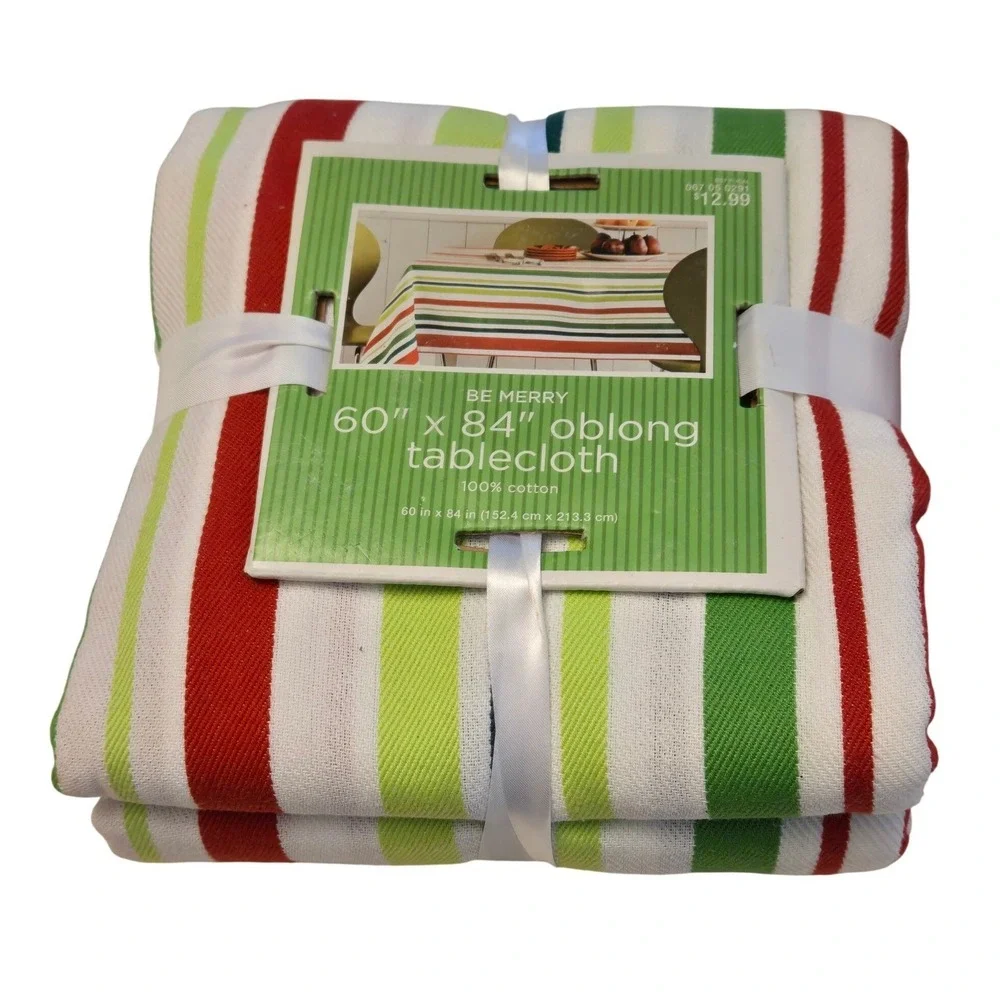 2 Christmas Stripe‎ Oblong Tablecloth Bundle 60x84 & 60x104 NWT